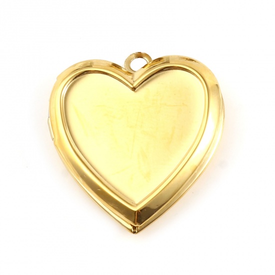 Bild von Edelstahl Bilderrahmen Medaillon Anhänger Herz Vergoldet Zum Öffnen (für 16mm x 13mm) 32mm x 22mm, 1 Stück