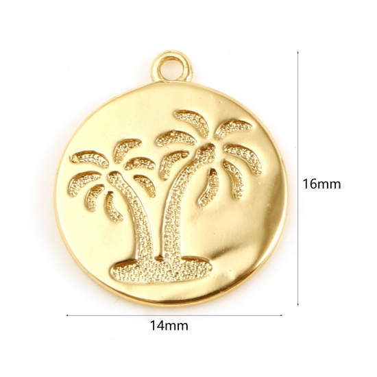 Imagen de Latón Colgantes Charms Ronda 18K Oro Real Chapado Árbol de Coco 16mm x 14mm, 1 Unidad