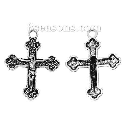 Picture of Zinc Based Alloy Easter Charms Cross Antique Silver Color Jesus Carved 29mm(1 1/8") x 22mm( 7/8"), 50 PCs