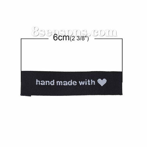 Immagine di Poliestere Etichette Stampate DIY Scrapbooking Craft Rettangolo Nero Cuore Lettere" Hand Made With Love " 60mm x 15mm, 50 Pz