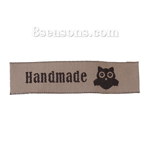 Picture of Terylene Woven Printed Labels DIY Scrapbooking Craft Rectangle Light Coffee Owl Pattern " Handmade " 60mm(2 3/8") x 15mm( 5/8"), 50 PCs