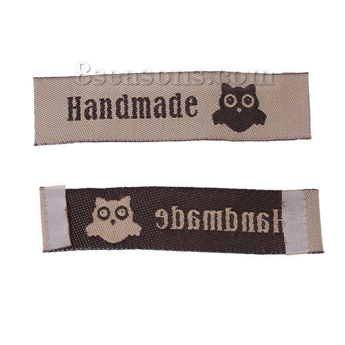 Immagine di Poliestere Etichette Stampate DIY Scrapbooking Craft Rettangolo Caffè Chiaro Gufo Lettere" Hand Made " 60mm x 15mm, 50 Pz