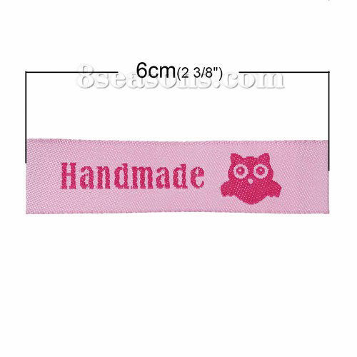 Immagine di Poliestere Etichette Stampate DIY Scrapbooking Craft Rettangolo Rosa Gufo Lettere" Hand Made " 60mm x 15mm, 50 Pz