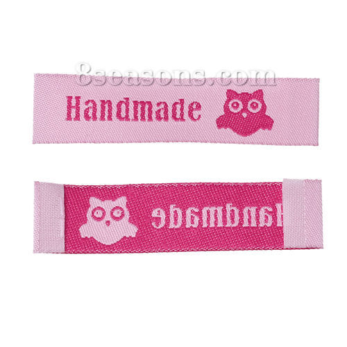 Immagine di Poliestere Etichette Stampate DIY Scrapbooking Craft Rettangolo Rosa Gufo Lettere" Hand Made " 60mm x 15mm, 50 Pz