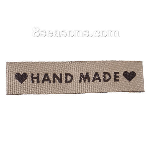 Immagine di Poliestere Etichette Stampate DIY Scrapbooking Craft Rettangolo Caffè Chiaro Cuore Lettere" Hand Made " 60mm x 15mm, 50 Pz