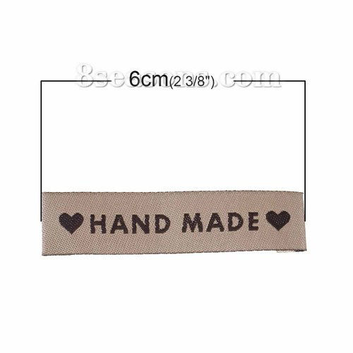 Immagine di Poliestere Etichette Stampate DIY Scrapbooking Craft Rettangolo Caffè Chiaro Cuore Lettere" Hand Made " 60mm x 15mm, 50 Pz