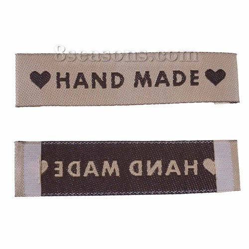 Immagine di Poliestere Etichette Stampate DIY Scrapbooking Craft Rettangolo Caffè Chiaro Cuore Lettere" Hand Made " 60mm x 15mm, 50 Pz