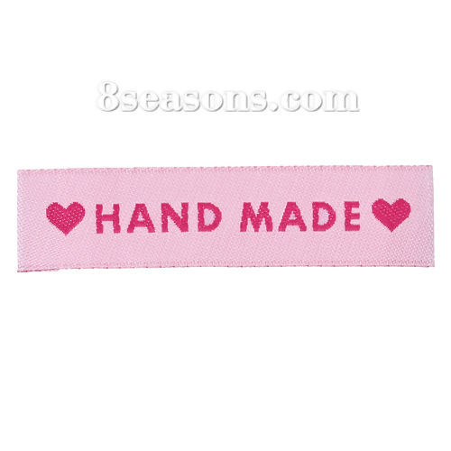 Immagine di Poliestere Etichette Stampate DIY Scrapbooking Craft Rettangolo Rosa Cuore Lettere" Hand Made " 60mm x 15mm, 50 Pz