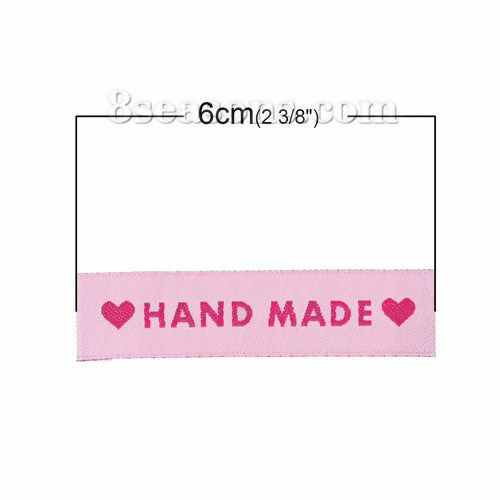 Immagine di Poliestere Etichette Stampate DIY Scrapbooking Craft Rettangolo Rosa Cuore Lettere" Hand Made " 60mm x 15mm, 50 Pz