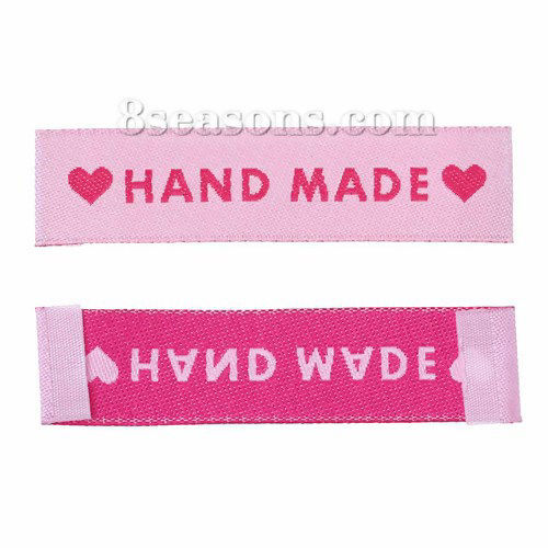 Immagine di Poliestere Etichette Stampate DIY Scrapbooking Craft Rettangolo Rosa Cuore Lettere" Hand Made " 60mm x 15mm, 50 Pz