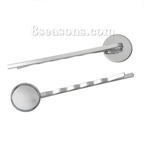 Picture of Iron Based Alloy Bobby Pins Hair Grips Clips Silver Tone Round Cabochon Settings (Fits 12mm Dia.) 61mm x 14mm, 10 PCs