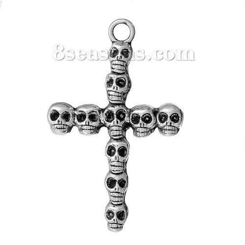 Picture of Zinc Based Alloy Easter Pendants Cross Antique Silver Color Halloween Skull Carved 41mm(1 5/8") x 26mm(1"), 50 PCs
