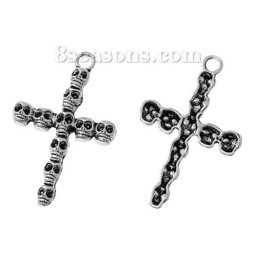 Picture of Zinc Based Alloy Easter Pendants Cross Antique Silver Color Halloween Skull Carved 41mm(1 5/8") x 26mm(1"), 50 PCs