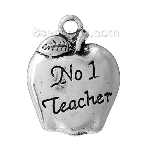 Picture of Zinc Based Alloy Charms Apple Fruit Antique Silver Color Message " NO.1 Teacher " Carved 18mm( 6/8") x 14mm( 4/8"), 50 PCs