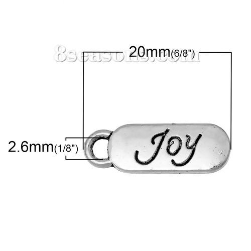 Picture of Zinc Metal Alloy Charms Rectangle Antique Silver Color Message " JOY " Carved 20mm( 6/8") x 7mm( 2/8"), 100 PCs