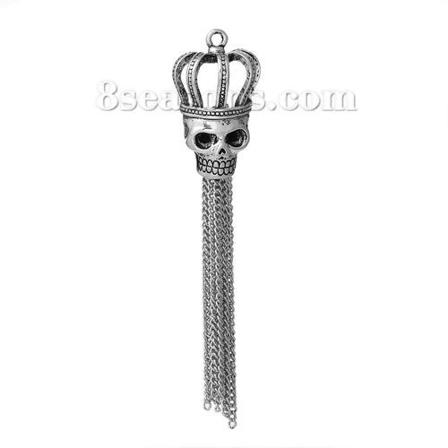 Picture of Zinc Based Alloy Pendants Tassel Antique Silver Color (Can Hold ss16 Rhinestone) Halloween Skull Cross Carved Hollow 9.5cm x2.1cm(3 6/8" x 7/8") - 8.7cm x2.1cm(3 3/8" x 7/8"), 2 PCs