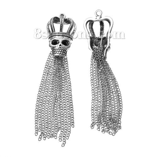 Picture of Zinc Based Alloy Pendants Tassel Antique Silver Color (Can Hold ss16 Rhinestone) Halloween Skull Cross Carved Hollow 9.5cm x2.1cm(3 6/8" x 7/8") - 8.7cm x2.1cm(3 3/8" x 7/8"), 2 PCs