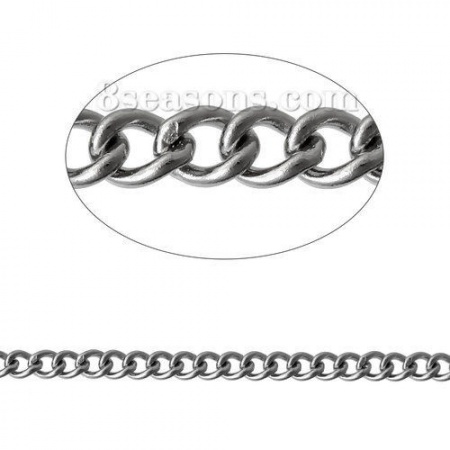 Picture of 1 M (Approx 3.28 Foot) Stainless Steel Closed Soldered Curb Link Chain For Handmade DIY Jewelry Making Findings Silver Tone 2.5x2mm