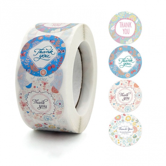 Picture of Multicolor - Paper DIY Scrapbook Deco Stickers Round Flower Pattern Message " Thank You " 2.5cm Dia., 1 Roll(500 PCs/Roll)