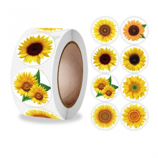 Picture of Yellow - Paper DIY Scrapbook Deco Stickers Round Sunflower Pattern 2.5cm Dia., 1 Roll(500 PCs/Roll)