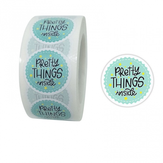 Picture of Green - Paper DIY Scrapbook Deco Stickers Round Message " Pretty Things Inside " 2.5cm Dia., 1 Roll(500 PCs/Roll)