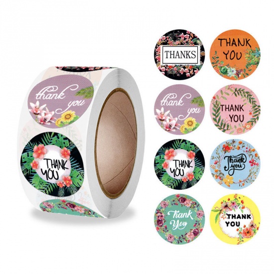 Picture of Multicolor - Paper DIY Scrapbook Deco Stickers Round Flower Pattern Message " Thank You " 2.5cm Dia., 1 Roll(500 PCs/Roll)