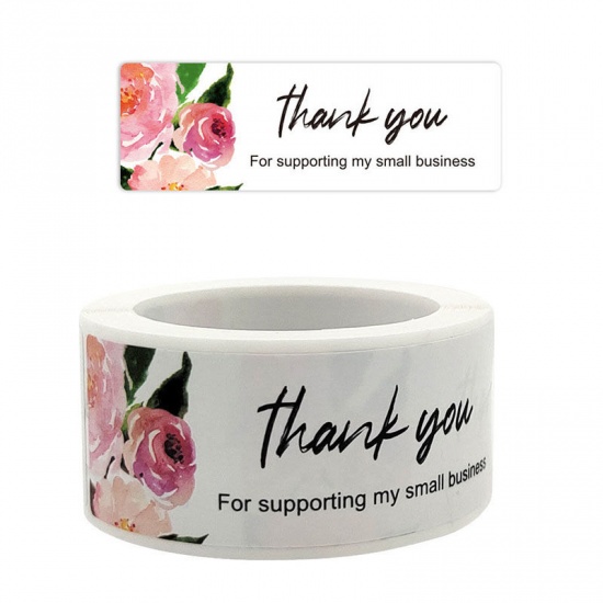 Picture of White - Paper DIY Scrapbook Deco Stickers Rectangle Flower Pattern Message " Thank You For Supporting My Small Business " 7.6x2.5cm, 1 Roll(120 PCs/Roll)