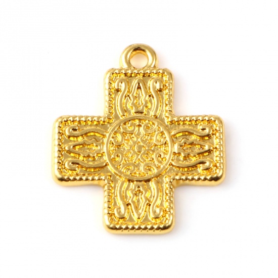 Picture of Zinc Based Alloy Religious Charms Cross Gold Plated Carved Pattern 21mm x 18mm, 20 PCs