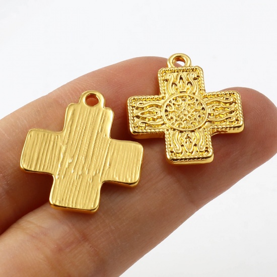 Picture of Zinc Based Alloy Religious Charms Cross Gold Plated Carved Pattern 21mm x 18mm, 20 PCs