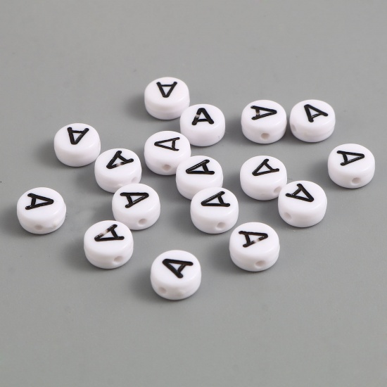 Image de Perles en Acrylique Plat-Rond Noir & Blanc Alphabet Initial/ Lettre Majuscule Message " A " Env. 7mm Dia, Trou: env. 1.4mm, 500 Pcs