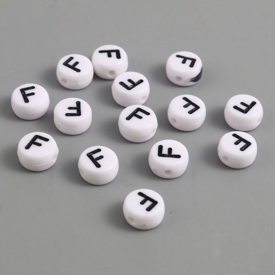 Picture of Acrylic Beads Flat Round Black & White Initial Alphabet/ Capital Letter Pattern Message " F " About 7mm Dia., Hole: Approx 1.4mm, 500 PCs