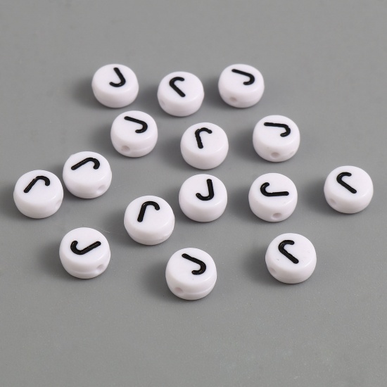 Picture of Acrylic Beads Flat Round Black & White Initial Alphabet/ Capital Letter Pattern Message " J " About 7mm Dia., Hole: Approx 1.4mm, 500 PCs