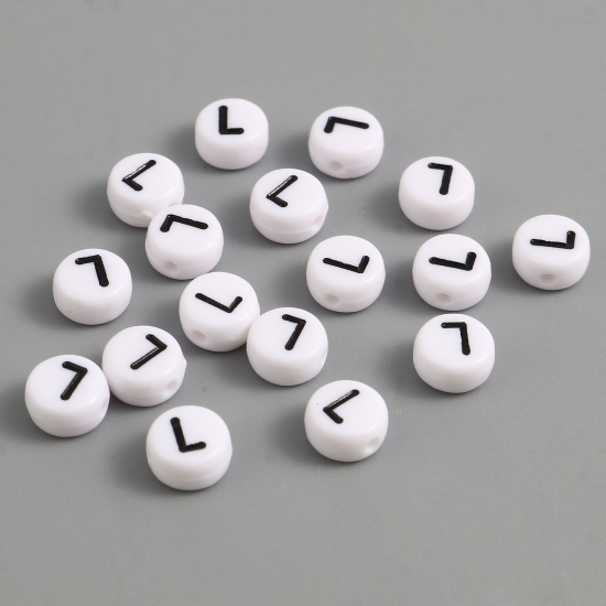 Image de Perles en Acrylique Plat-Rond Noir & Blanc Alphabet Initial/ Lettre Majuscule Message " L " Env. 7mm Dia, Trou: env. 1.4mm, 500 Pcs