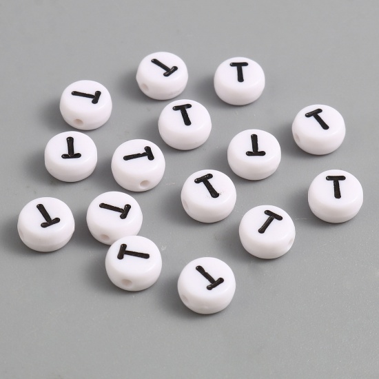 Picture of Acrylic Beads Flat Round Black & White Initial Alphabet/ Capital Letter Pattern Message " T " About 7mm Dia., Hole: Approx 1.4mm, 500 PCs