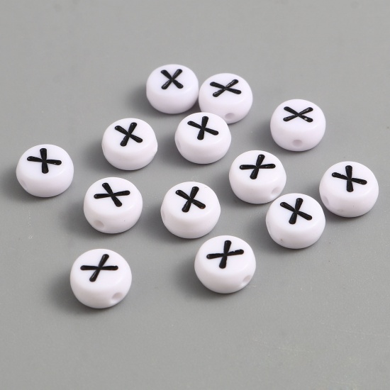 Picture of Acrylic Beads Flat Round Black & White Initial Alphabet/ Capital Letter Pattern Message " X " About 7mm Dia., Hole: Approx 1.4mm, 500 PCs