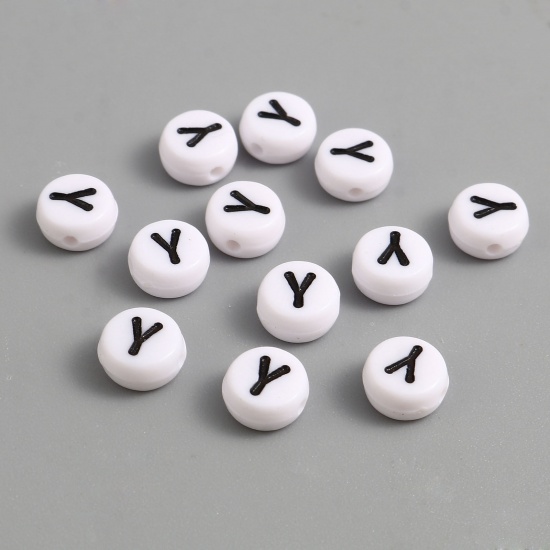 Image de Perles en Acrylique Plat-Rond Noir & Blanc Alphabet Initial/ Lettre Majuscule Message " Y " Env. 7mm Dia, Trou: env. 1.4mm, 500 Pcs