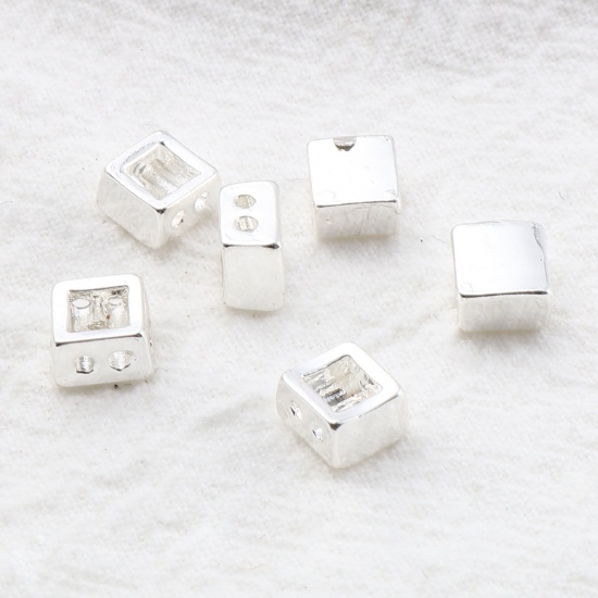 Picture of Zinc Based Alloy Spacer Beads 2 Holes Square Silver Plated About 6mm x 6mm, Hole: Approx 1.2mm, 10 PCs