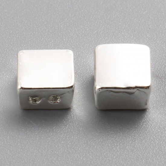 Picture of Zinc Based Alloy Spacer Beads 2 Holes Square Silver Plated About 6mm x 6mm, Hole: Approx 1.2mm, 10 PCs