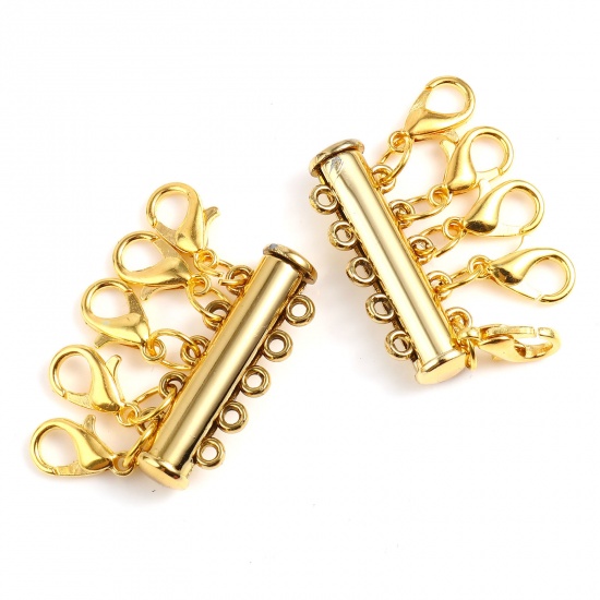 Picture of Zinc Based Alloy Magnetic 5 Layered Slide Lock Clasps For Stackable Multi-layer Necklace Bracelet Tube Gold Plated 28mm x 16.5mm, 3 PCs