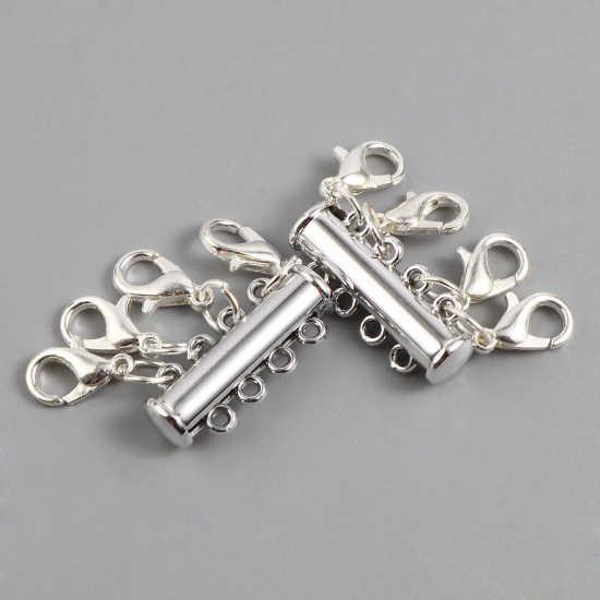 Picture of Zinc Based Alloy Magnetic 4 Layered Slide Lock Clasps For Stackable Multi-layer Necklace Bracelet Tube Silver Plated 24mm x 16.5mm, 3 PCs