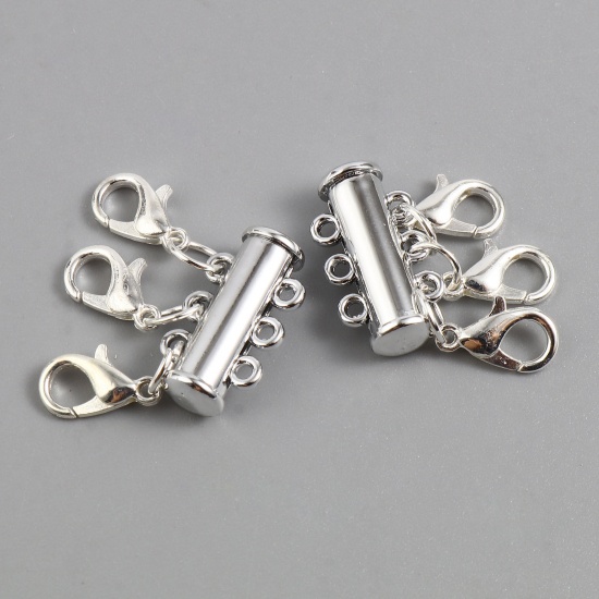 Picture of Zinc Based Alloy Magnetic 3 Layered Slide Lock Clasps For Stackable Multi-layer Necklace Bracelet Tube Silver Plated 19mm x 12.5mm, 3 PCs