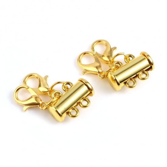 Picture of Zinc Based Alloy Magnetic 2 Layered Slide Lock Clasps For Stackable Multi-layer Necklace Bracelet Tube Gold Plated 15mm x 12.5mm, 3 PCs