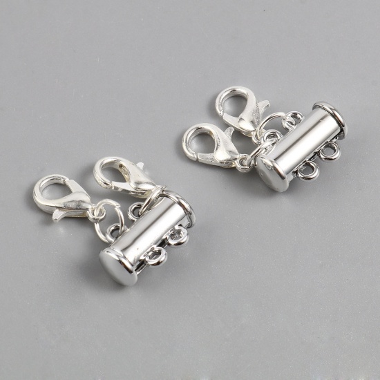 Picture of Zinc Based Alloy Magnetic 2 Layered Slide Lock Clasps For Stackable Multi-layer Necklace Bracelet Tube Silver Plated 15mm x 12.5mm, 3 PCs