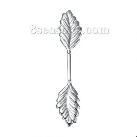 Brass Pendant Fold Over Pinch Bails Clasps Leaf Silver Plated 34mm(1 3/8") x 7mm( 2/8"), 20 PCs
