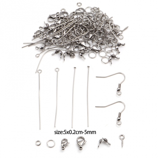 Picture of Stainless Steel Jewelry Making Accessories Findings Kit Lobster Clasp Head Pins Eye Pins Jump Rings Ear Wire Hooks Silver Tone 5mm Dia. - 50mm x 2mm, 1 Box ( 270 PCs/Box)