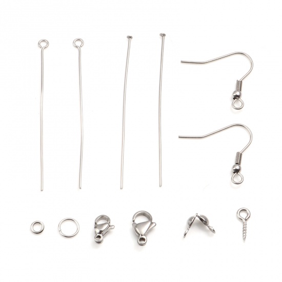 Picture of Stainless Steel Jewelry Making Accessories Findings Kit Lobster Clasp Head Pins Eye Pins Jump Rings Ear Wire Hooks Silver Tone 5mm Dia. - 50mm x 2mm, 1 Box ( 270 PCs/Box)