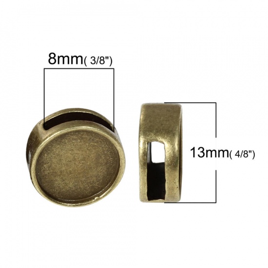 Immagine di Lega di Zinco Perline Addetti Cinturini per Orologi Tondo Piatto Argento Antico (Adatto a 8mm x 2mm Corda) Basi per Cabochon (Adatto a 11mm ) Circa 13mm Dia, Foro: Circa 8mm x 2mm, 10 Pz