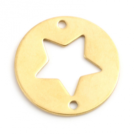 Picture of 304 Stainless Steel Blank Stamping Tags Connectors Charms Pendants Round Pentagram Star Gold Plated Roller Burnishing 25mm Dia., 2 PCs