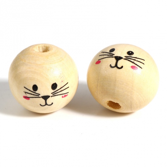 Picture of Wood Spacer Beads Round Beige Cat About 20mm Dia., Hole: Approx 4.5mm, 50 PCs