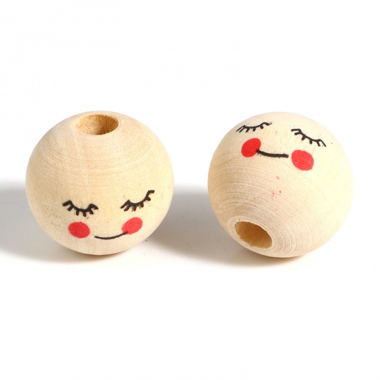 Picture of Wood Spacer Beads Round Beige Smile About 16mm Dia., Hole: Approx 4mm, 50 PCs